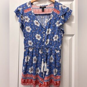 Forever 21 Blue Floral V-Neck Tie-Waist Romper